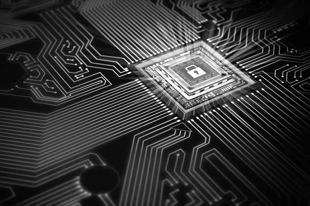 Prozessor auf einem Mainboard mit der Grafik eines geschossenen Vorhängeschlosses, das Verschlüsselung symbolisiert.