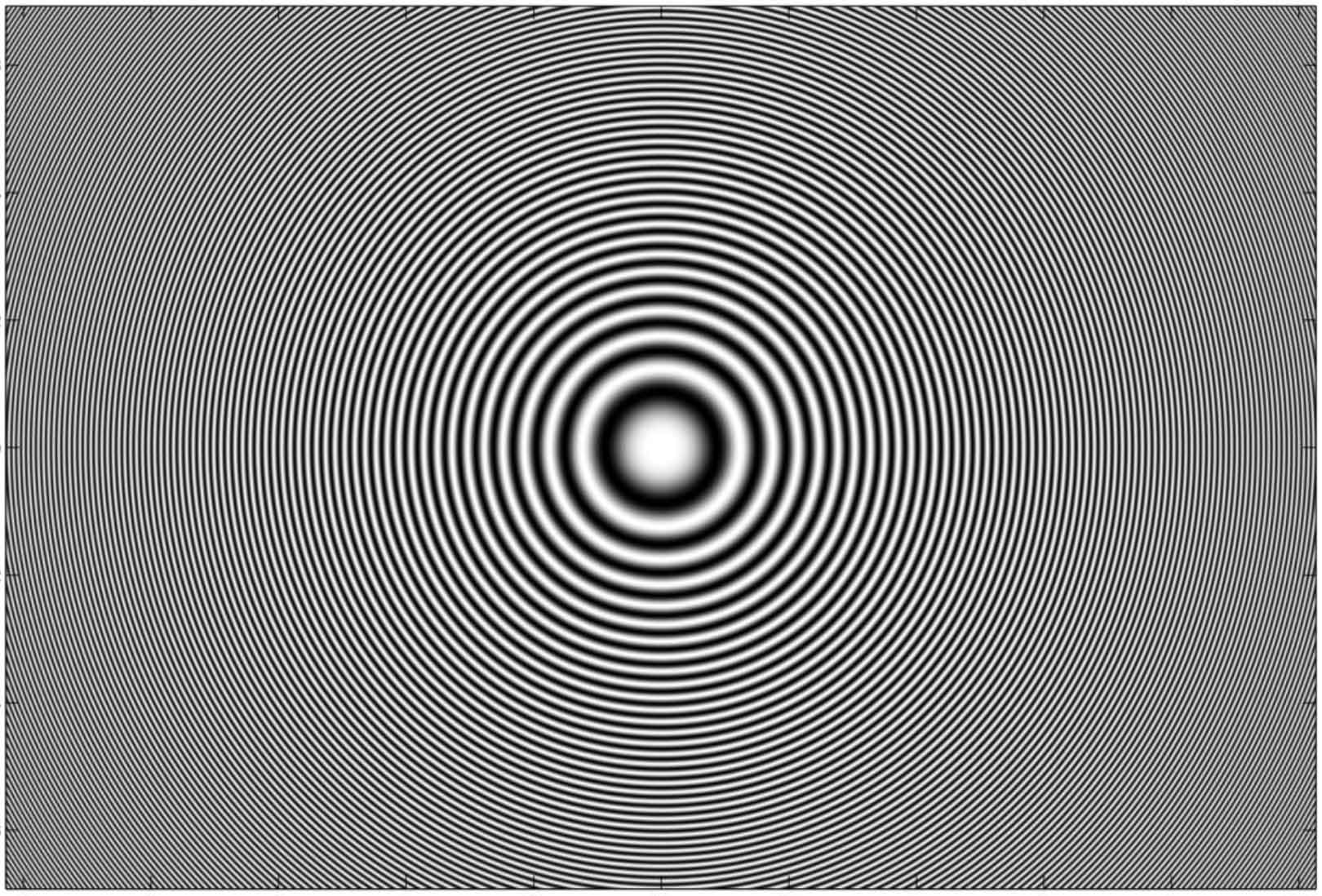 Zone-Plate-Grafik mit konzentrischen Kreisen zur Demonstration von Interferenzeffekten und Skalierungsartefakten bei hochfrequenten Mustern